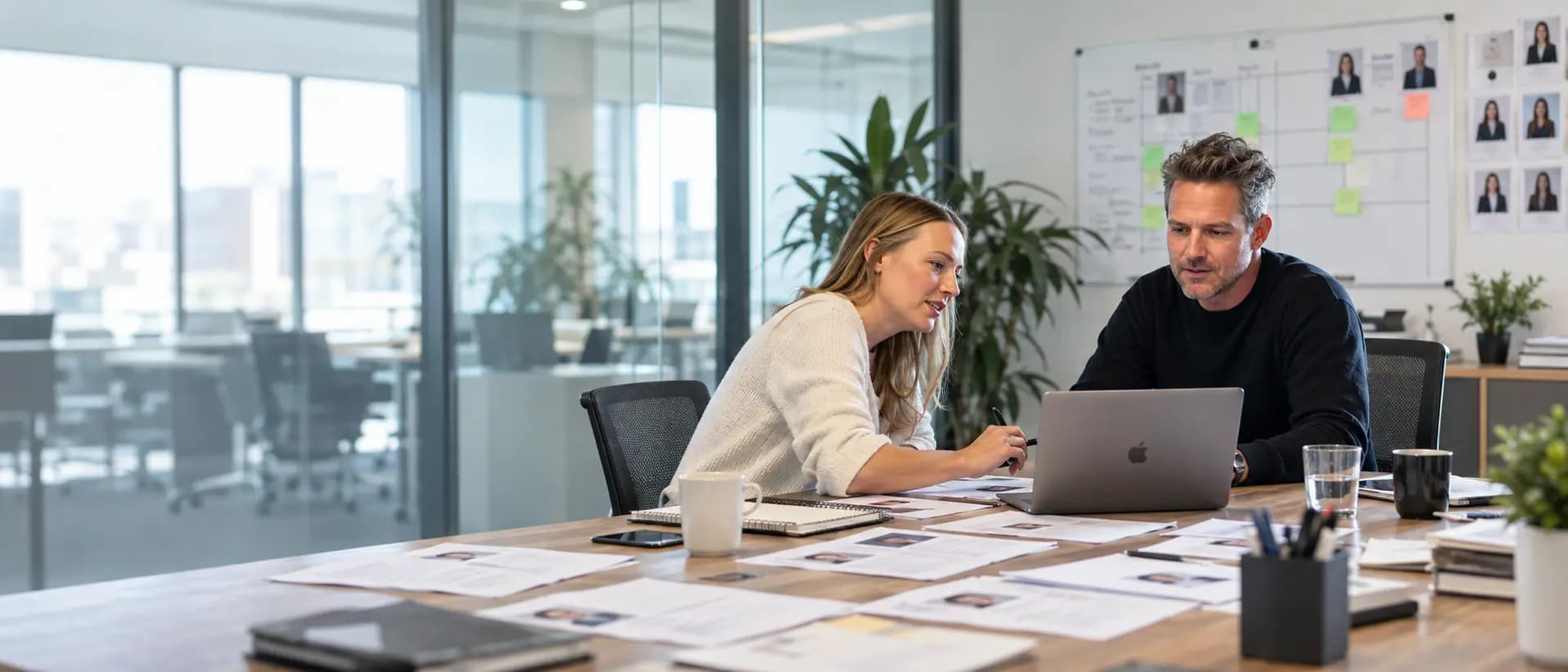 Collega's bespreken hun werk aan tafel